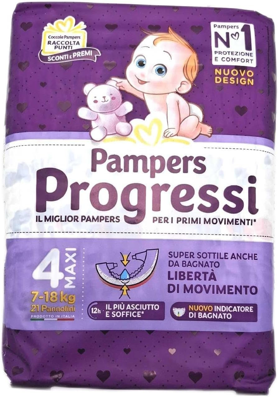 Scutece Pampers Progressi Maxi + 500 puncte suplimentare de îmbrățișare, mărimea 4 (7 – 18 kg), 126 scutece (mărime standard)