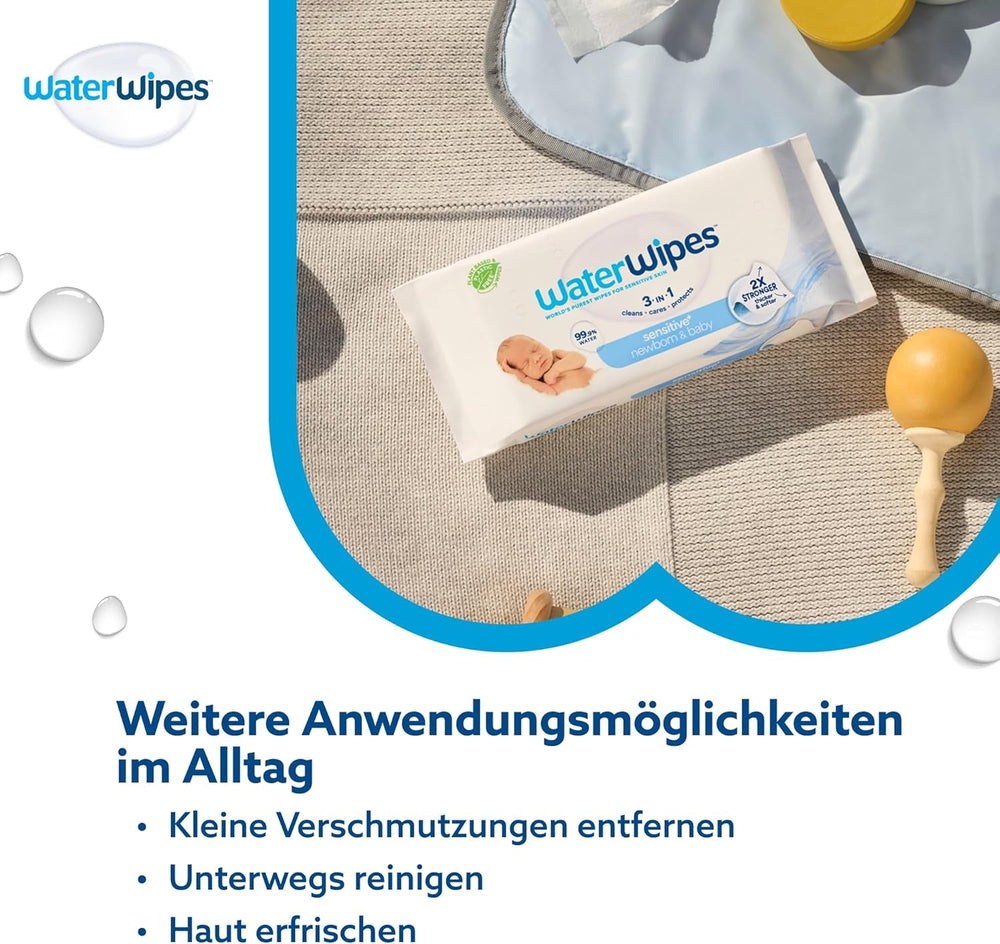 Șervețele umede WaterWipes Sensitive+ pentru nou-născuți și bebeluși, 720 bucăți (12 pachete), curățare, îngrijire, protecție 3 în 1, 99,9% apă, fără parfum