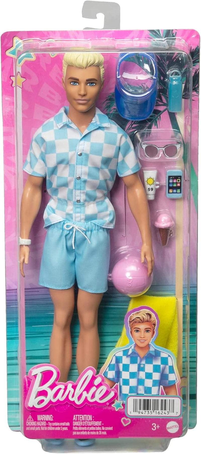 Barbie Ken - Blonde Puppe mit blauem Hemd und Badehose, Strand-Accessoires und Wasserball für kreatives Spielen, für Kinder ab 3 Jahren, HPL74