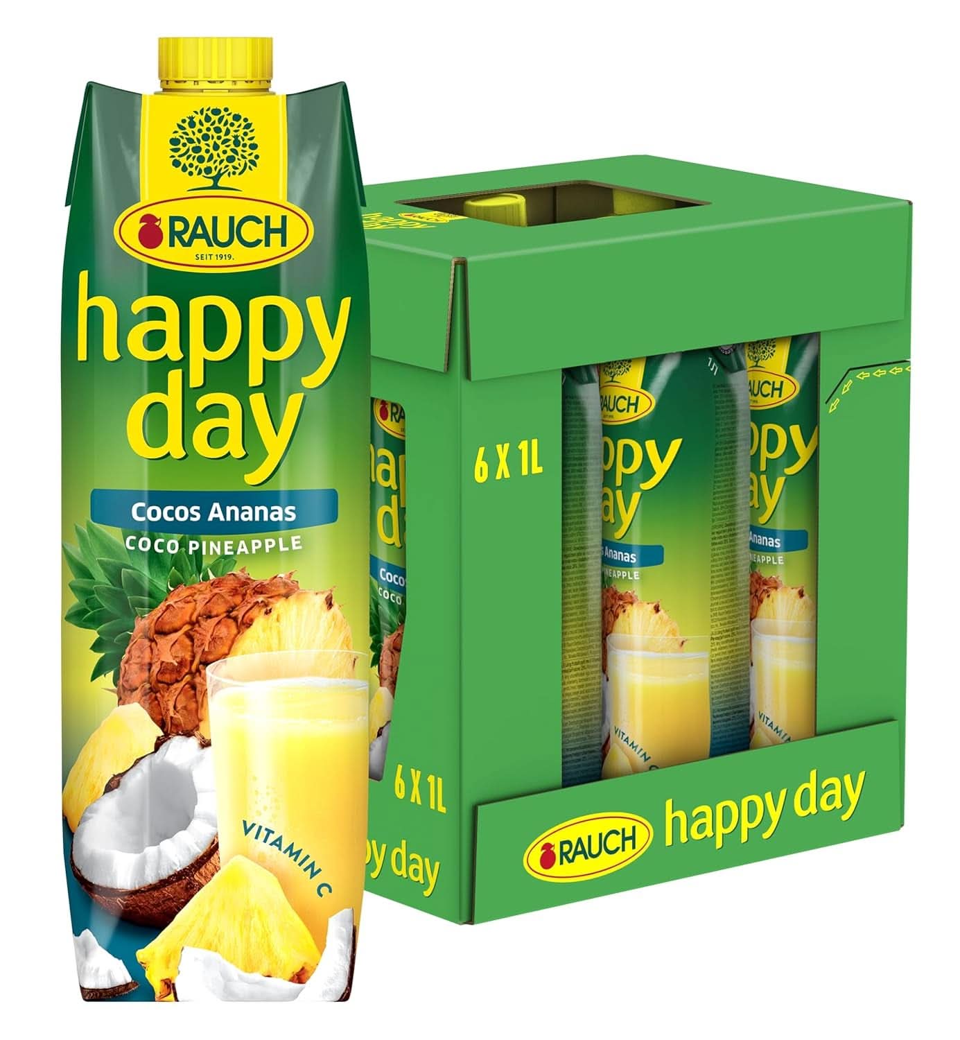 Rauch Happy Day Coconut-Pineapple | O călătorie în Caraibe | Suc de fructe din ananas și apă de nucă de cocos | 6 x 1 litru, Tetra Prisma Bauturi fara alcool Naty Shop