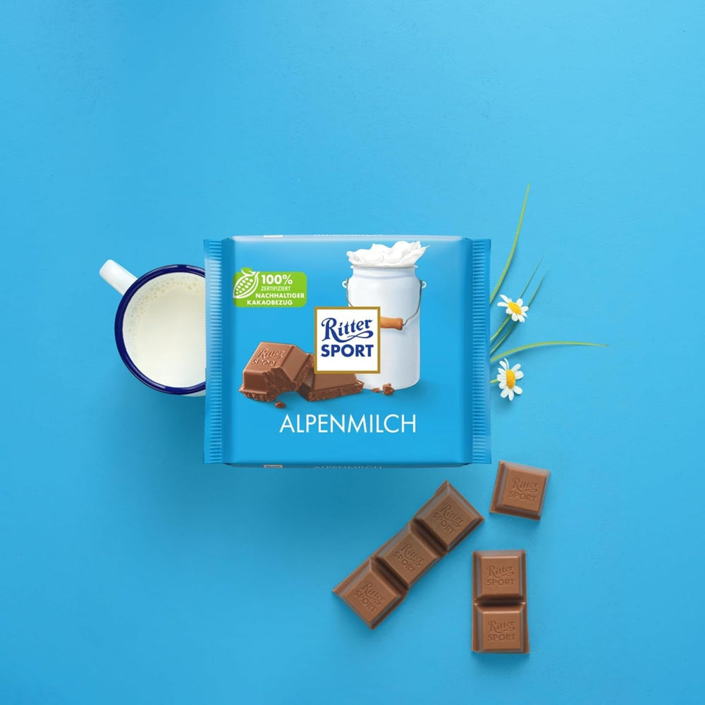 Ritter Sport 250g Ciocolată Alpine Milk, Cea mai fină ciocolată cu lapte integral, cu un gust cremos, Ciocolată clasică de împărțit cu prietenii, 11 batoane x 250g