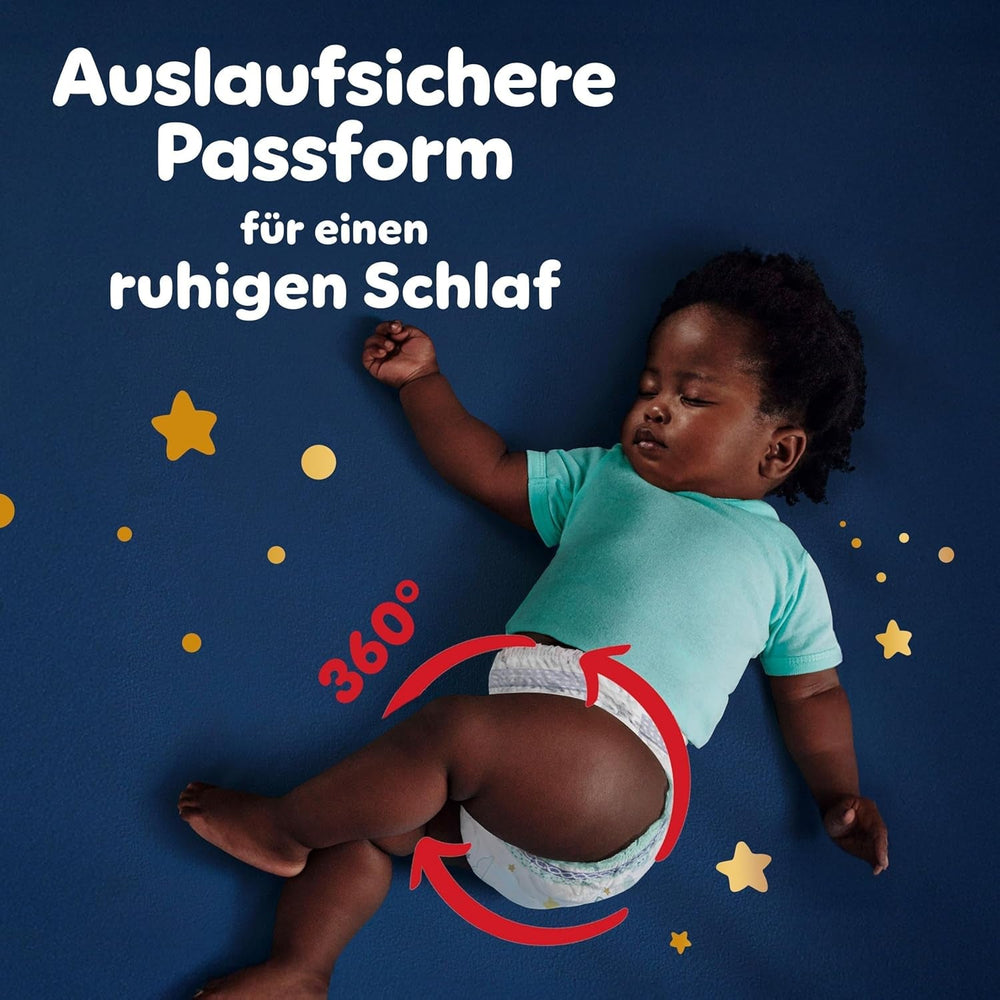 Scutecele Pampers Night Pants mărimea 6, 138 de bucăți, 13kg-19kg, oferă protecție suplimentară pentru întreaga noapte.