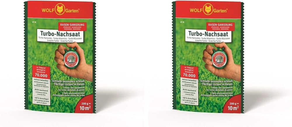 Wolf-Garten Turbo-Nachsaat Zur Rasensanierung LR50 (Für 50 M2, Hohe Dichte Mit Ca. 70.000 Trieben/M2, Für Alle Rasentypen Geeignet, Mit Wolf-Garten Keimgarantie, Im 1Kg Karton) 3826031