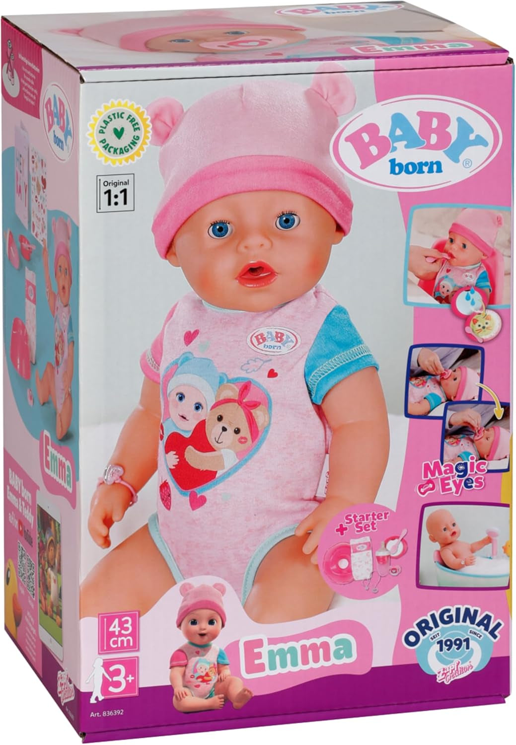 BABY Born Emma - păpușă bebeluș 43 cm - 10 funcții, inclusiv accesorii și saltea - Funcționează complet fără baterii - Potrivită pentru copii cu vârsta de 3 ani și peste