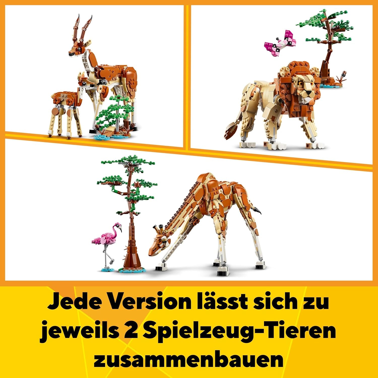 LEGO Creator 3in1 Wild Safari Animals, Giraffe Toy to Gazelle Figures to Lion Model, Set for Kids, Girls & Boys Aged 9 Plus, Includes Flamingo and Butterfly, Nature Gifts for Imaginative Play 31150