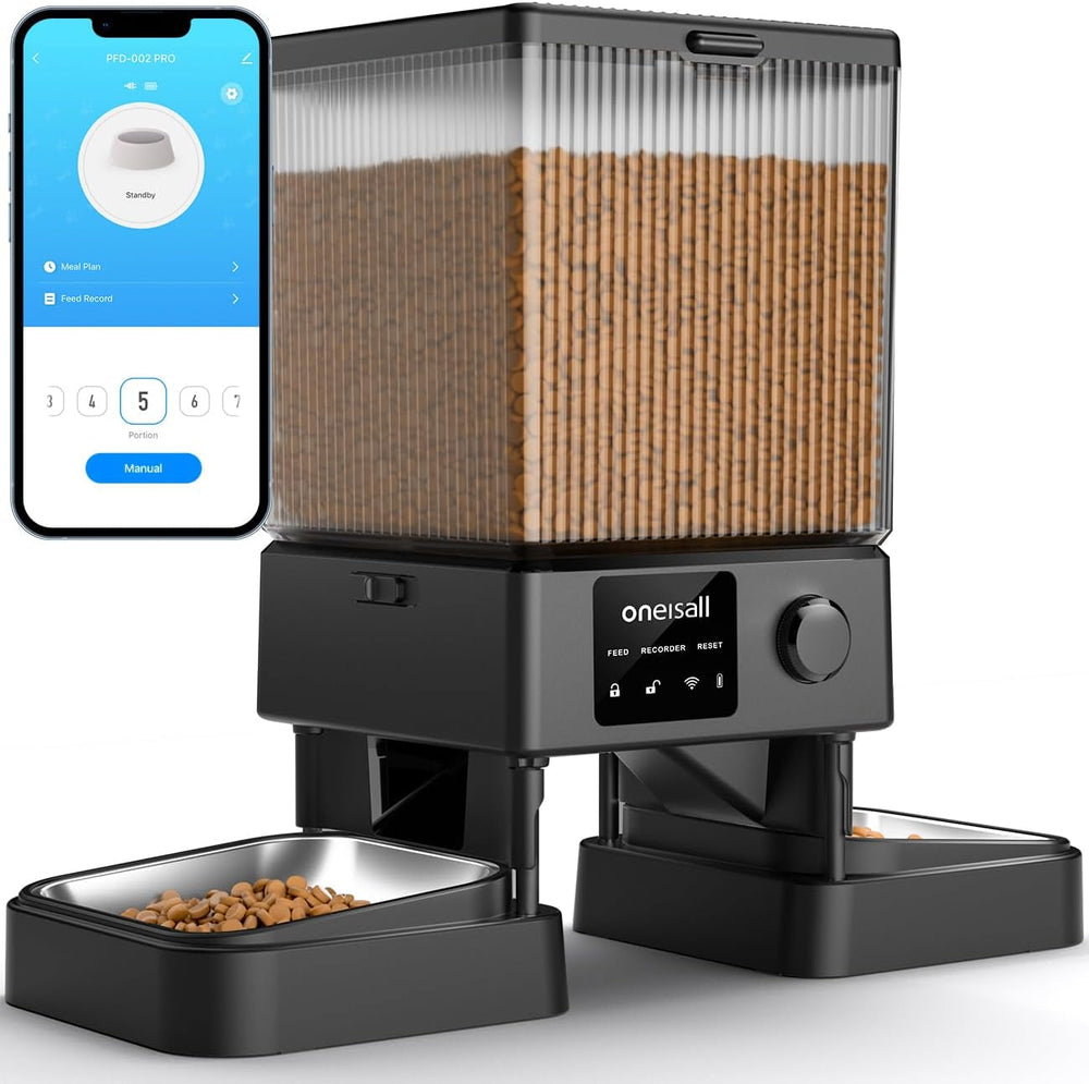 Hrănitor automat pentru pisici oneisall 5L cu 2 boluri, dozator de hrană pentru pisici cu un singur buton, ușor de utilizat, hrănitor pentru pisici/câini, cu bol din oțel inoxidabil, înregistrator vocal, pentru animale de companie mici/medii