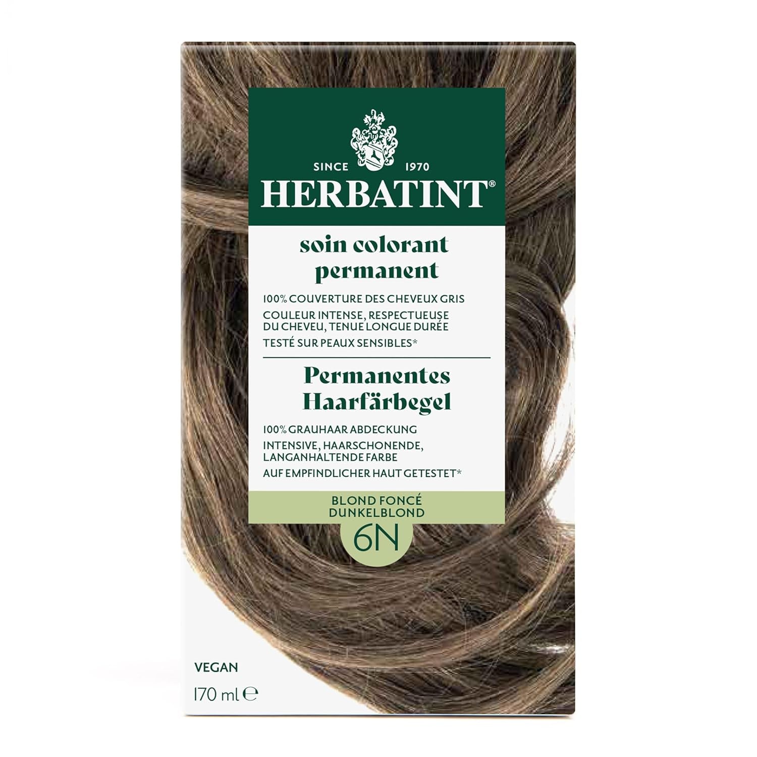 Gel pentru vopsirea permanentă a părului 6N blond închis - 170 ml I Fără amoniac, acoperire 100% a părului gri I Testat pe piele sensibilă, cu 8 extracte de plante Vopsea pentru par Naty Shop