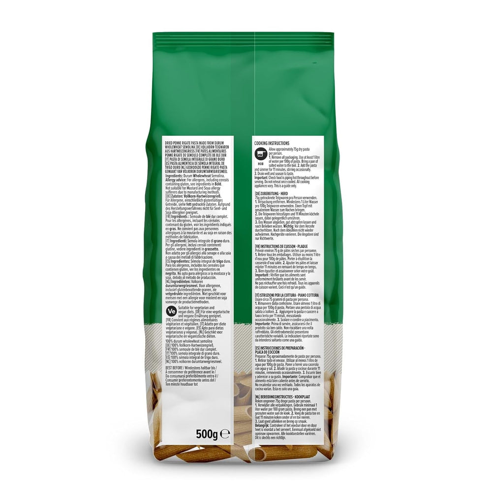Penne Rigate din grâu integral de la Amazon, 500g