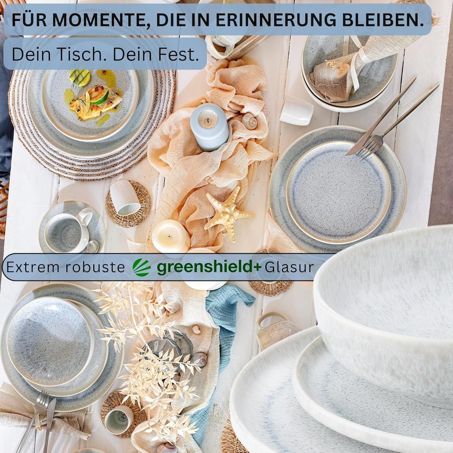 SÄNGER | Set de veselă Santorini cu 12 piese, set de farfurii pentru 4 persoane, evaluat FOARTE BUN, set de veselă din gresie, inclusiv farfurii de cină, farfurii de desert și farfurii de sumă, crem cu gradient liliac-albastru | COLECȚIA PREMIUM
