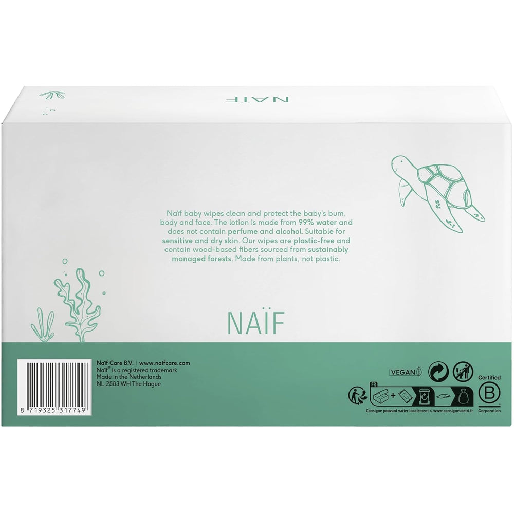 Naïf - Șervețele umede fără plastic - 864 bucăți (16 pachete a câte 54 de șervețele) - Îngrijire pentru fundulețul, corpul și fața bebelușului - 99% apă - 0% parfum și alcool