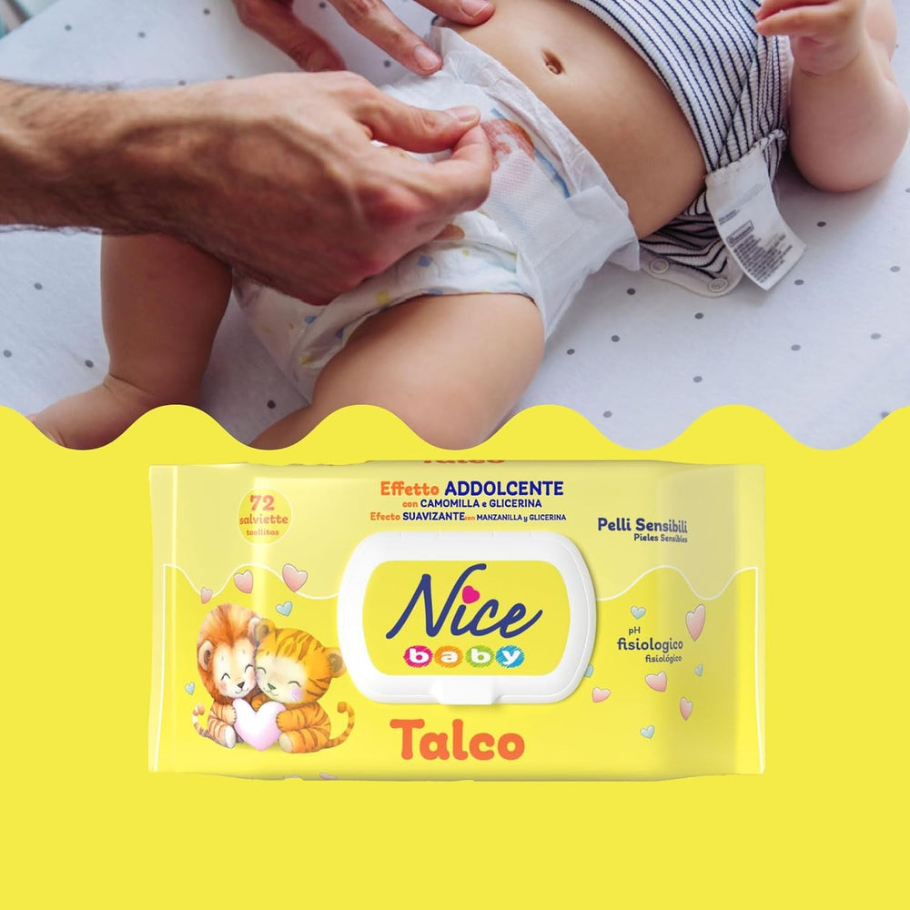 Șervețele umede NICE pentru bebeluși, 72 bucăți, cu capac, parfum de talc, materiale naturale, curățare delicată, bebeluși, 1 buc.