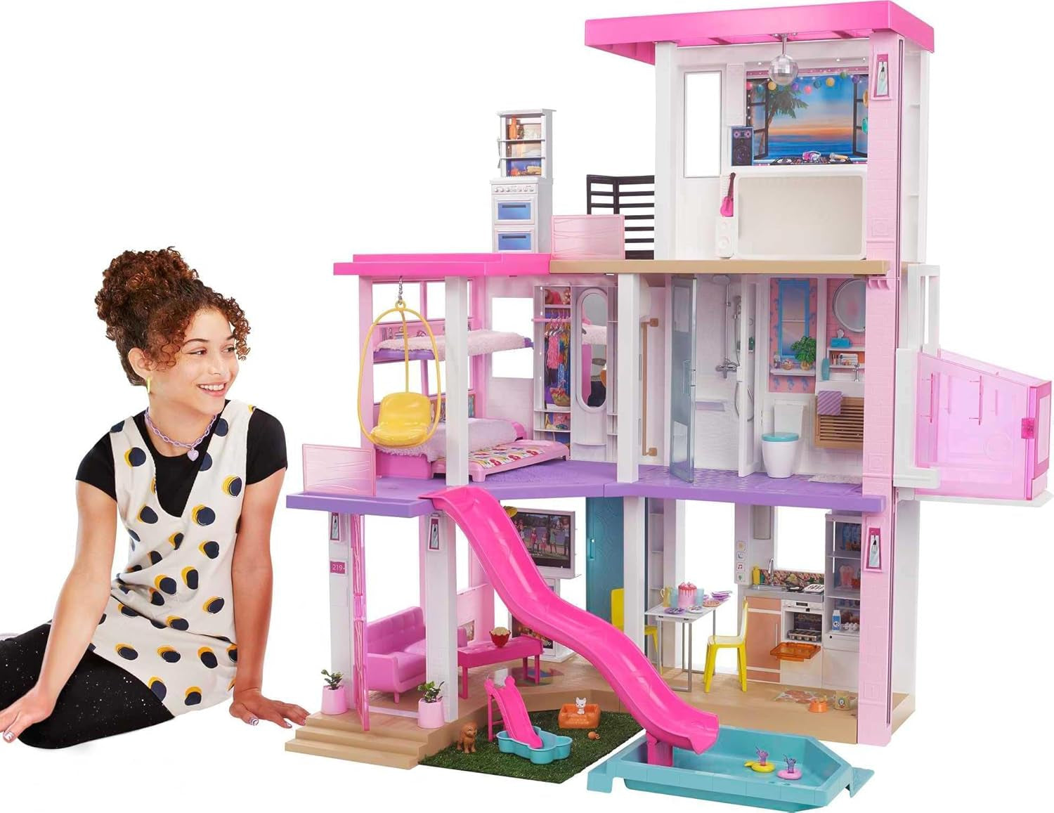 Casă de vis Barbie (114 cm), casă de păpuși cu 3 etaje, piscină, tobogan, lift pentru scaun cu rotile, 75 de accesorii, păpuși, potrivită ca și cadou pentru copii cu vârsta de 3 ani și peste, GRG93