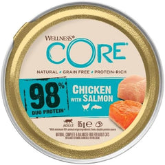 Wellness CORE 98% 12 x 85g, Pui și Somon – Hrană umedă pentru pisici, pate gros, fără cereale, naturală, hipoalergenică, bogată în proteine, conținut ridicat de carne