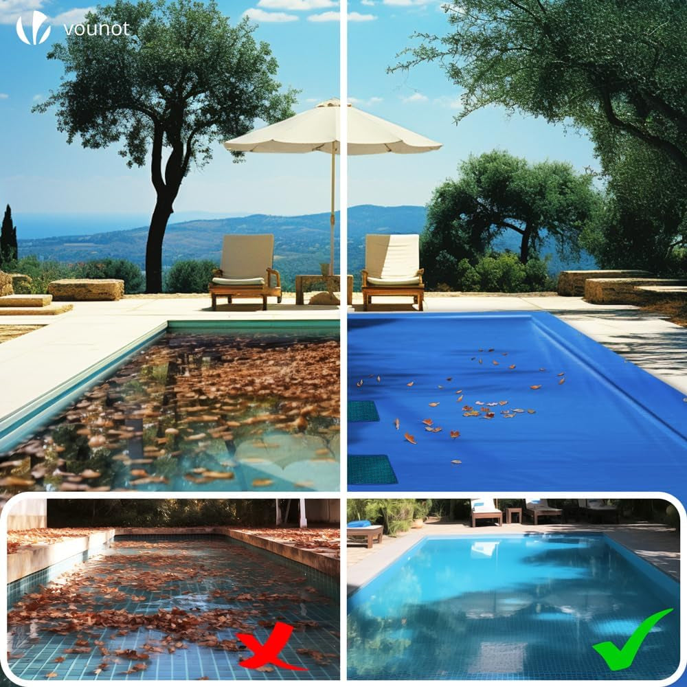 Prelată de piscină dreptunghiulară VOUNOT, prelată de piscină din polietilenă 160 g/m² cu plasă de drenaj, prelată de piscină cu strat dublu, impermeabilă, rezistentă la mucegai, rezistentă la rupere cu inele de aluminiu, 4 x 8 m, albastră