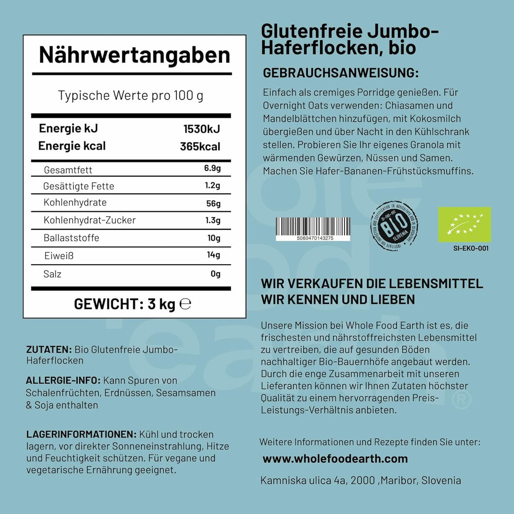 Fulgi de ovăz jumbo Wholefood Earth Organic, fără gluten – 3 kg | Fără OMG | Vegan | Bogat în fibre | Certificat organic