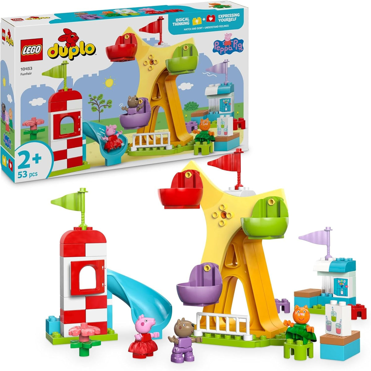 LEGO DUPLO Peppa Wutz Jahrmarkt - Montessori Spielzeug - Motorikspielzeug für Kinder ab 2 Jahren - Vorschule Spiele mit Riesenrad, Rutsche & 3 Figuren inkl. Mollie Mieze & Klausi Kläff 10453