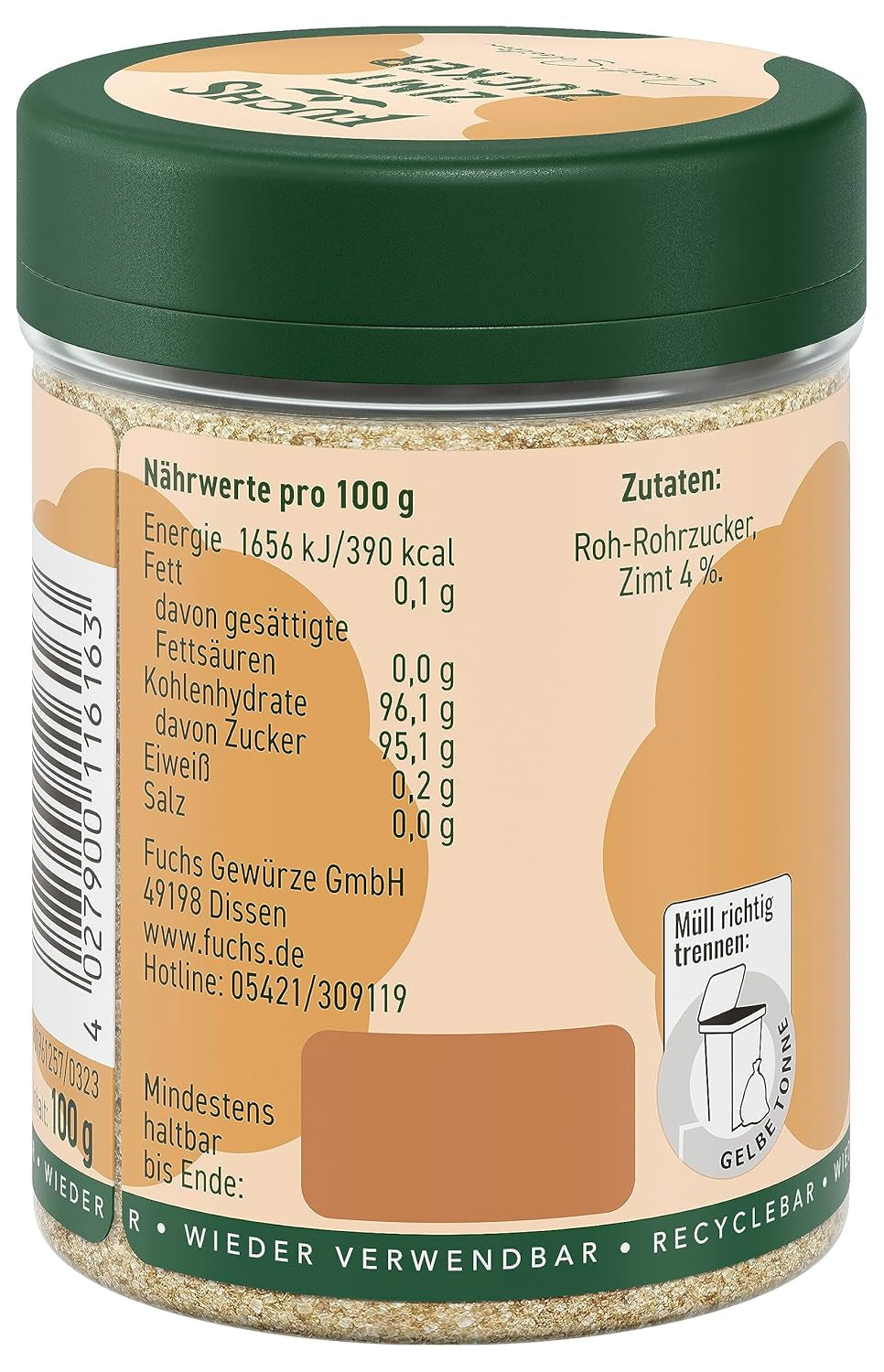 Fuchs Gewürze - Zimt Zucker - Klassiches Gewürz für Milchreis, Pfannkuchen oder Waffeln - aus natürlichen Zutaten - 100 g in wiederverwendbarer, recyclebarer Dose