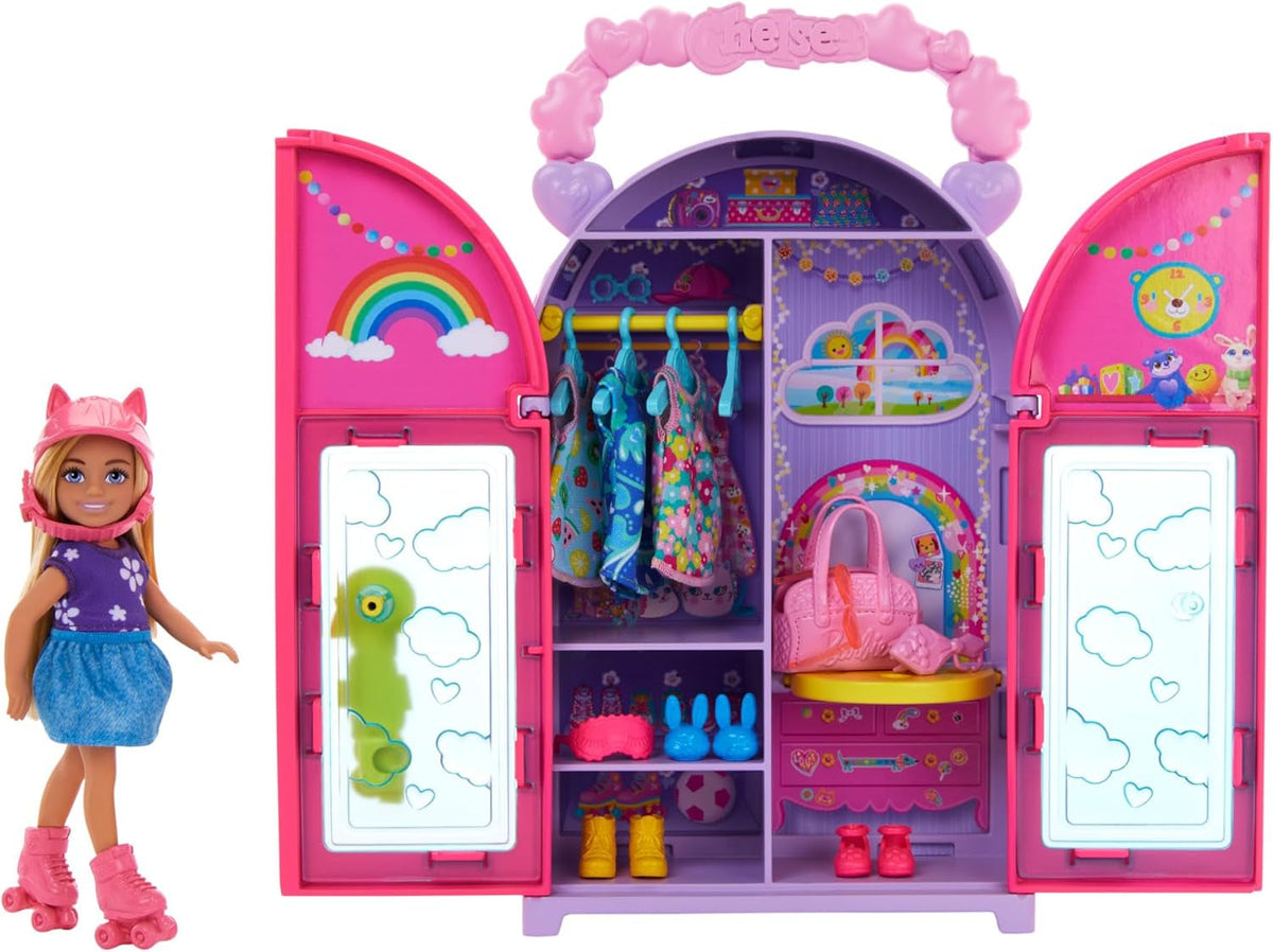 Barbie Chelsea Puppe und Kleiderschrank-Spielset mit Kleidung und Accessoires, 17-teiliges Set, faltbar zum Spielen für unterwegs und zum Verstauen, HXN03