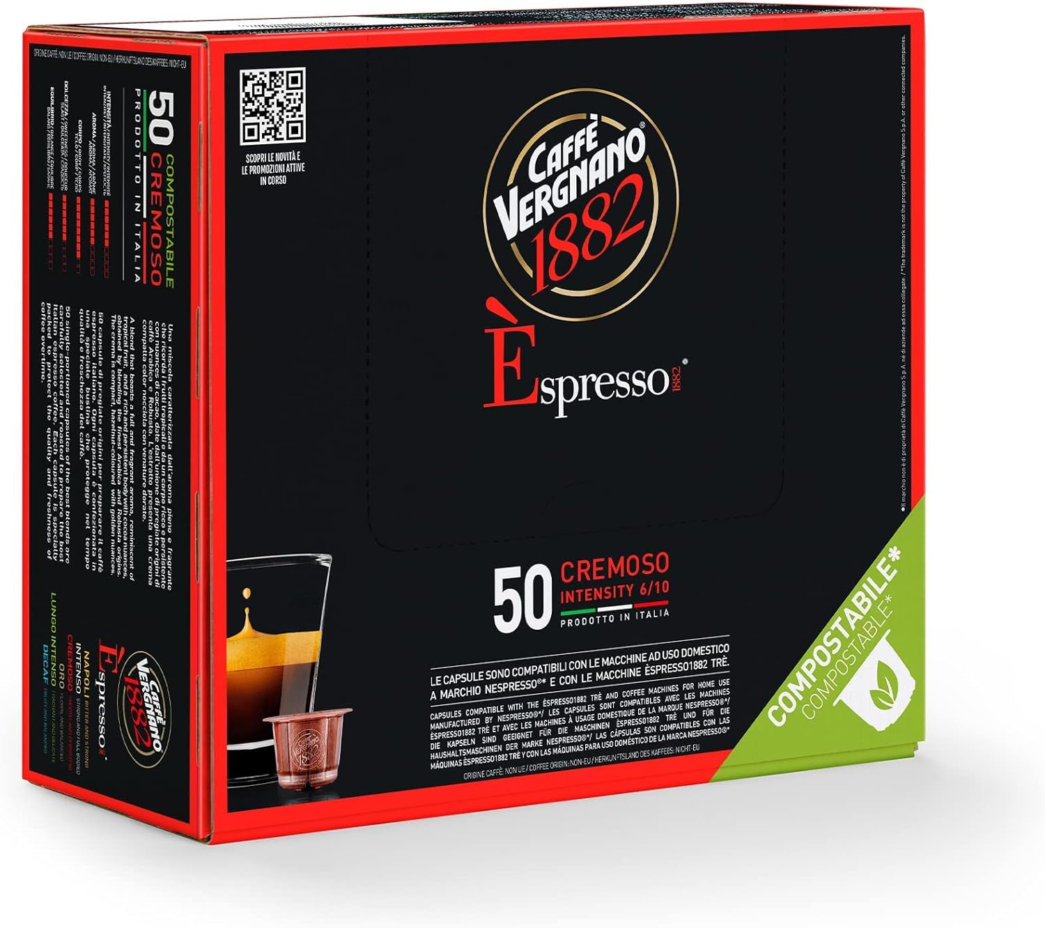 Caffè Vergnano 1882 - Èspresso Kompostierbare Kaffeekapseln, Kompatibel Mit Nespresso, Cremoso (Cremig) - Packung Enthält 50 Kapseln