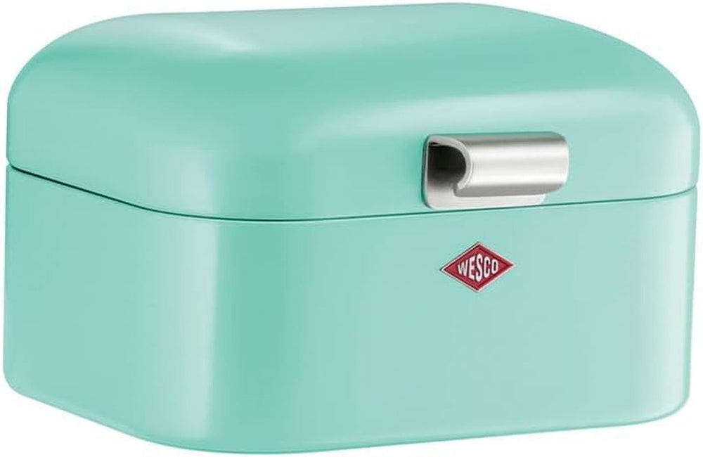 Coș pentru pâine Wesco Mini Grandy în culoarea roz, tablă de oțel acoperită cu pulbere, găuri de ventilație și mâner robust Cutii depozitare alimente Naty Shop Mentă