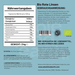 Linte roșie despicată organică Wholefood Earth 3 kg fără OMG Vegan Bogat în fibre Bogat în proteine Din agricultură organică controlată