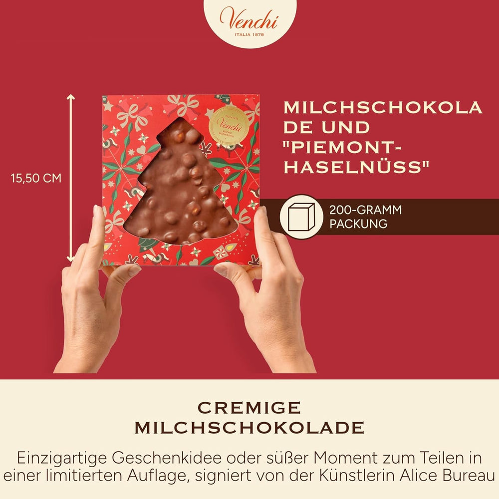 Venchi, Brutto&Buono, Tabletă de ciocolată cu lapte făcută manual cu „alune de pădure Piemont” în formă de brad, 200 g, fără gluten, Colecție de Crăciun în ediție limitată, Idee de cadou