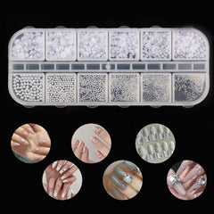 Nail Art Strasssteine 1 Schachtel, Nail Charms, 12 Typen Weiße Perlen Für Nägel, Flatback Rhinestones, Klein Edelstahl-Perlen, Nagel Deko, Nagel Zubehör