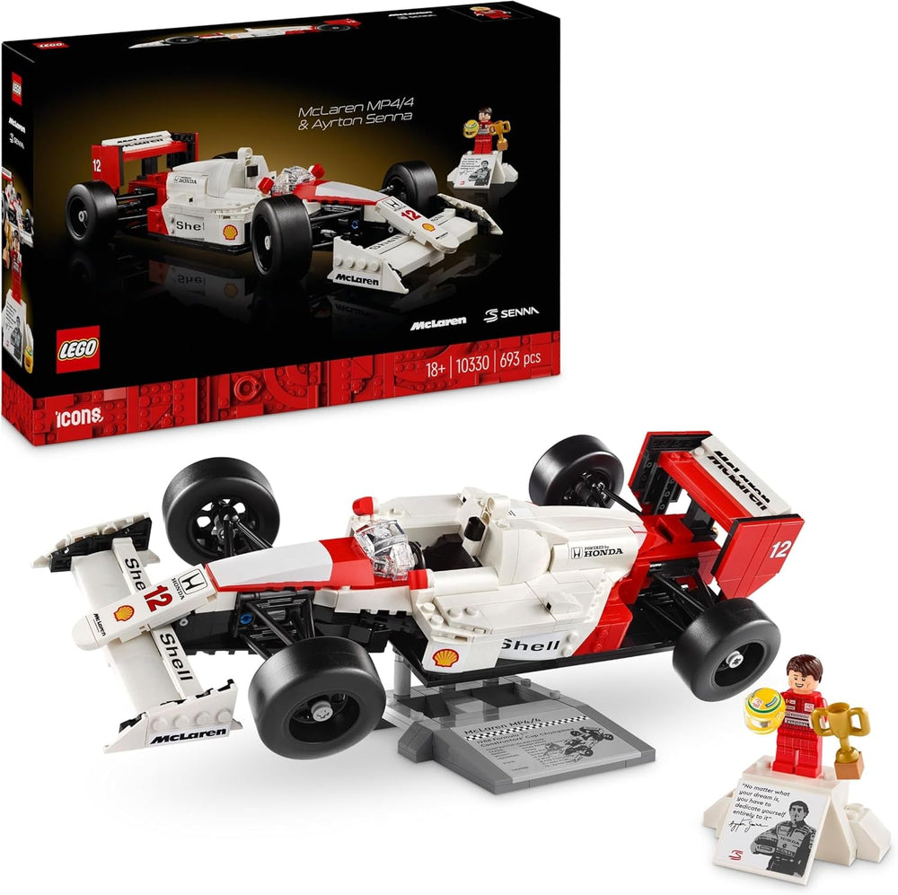 LEGO Icons McLaren MP4/4 & Ayrton Senna Modellauto Set, F1 Rennwagen Bausatz für Erwachsene mit Rennfahrer Mini-Figur, Sammlerstück, Geschenk-Idee zum Geburtstag für Männer, Frauen, Ihn & Sie 10330