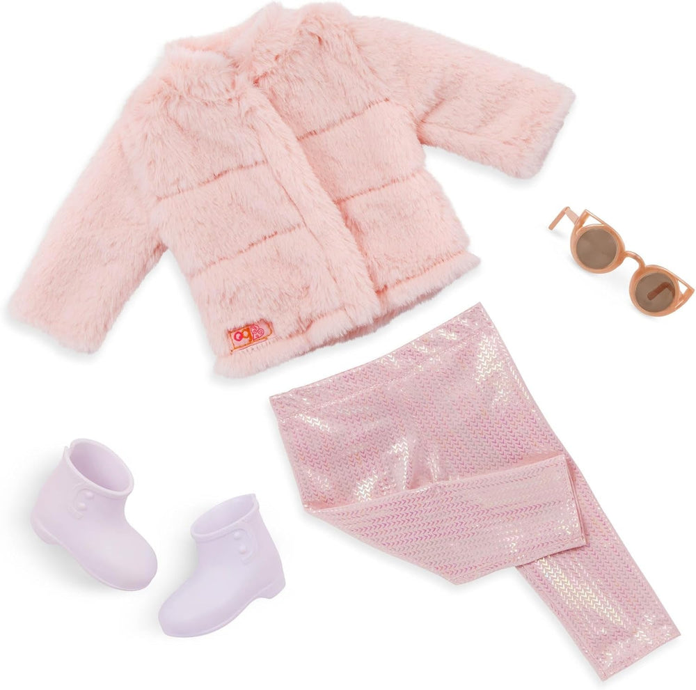 Our Generation - AVA - 46 cm-Modepuppe - Lebensechte hellblaue Augen & gewelltes Blondes Haar - Rosa Kunstpelz-Mantel-Outfit - Vorgetäuschtes Spiel - Spielzeug für Kinder ab 3 Jahren