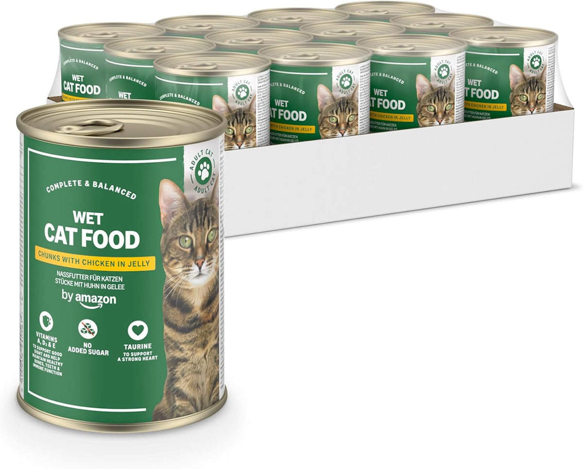 Hrană umedă pentru pisici fără cereale de la Amazon, la conservă, bucăți de pui în jeleu, 12 x 405 g