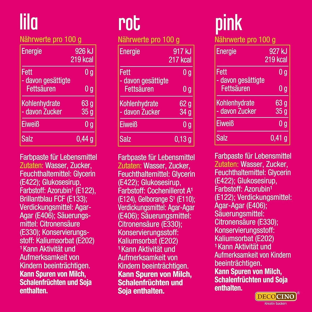 Set de coloranți alimentari Decocino Neon - 3 piese - Roșu, roz, violet - Colorant alimentar cu doză mare - Pentru colorarea prăjiturilor, brioșelor, cupcake-urilor - Fără gust