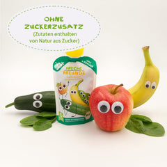 FRECHE FREUNDE Pungă de fructe bio, compresibilă, cu mere, banane, spanac și castravete, piure de fructe cu legume într-o pungă compresibilă pentru bebeluși de la 6 luni, vegan, pachet de 6 (6 x 100g)