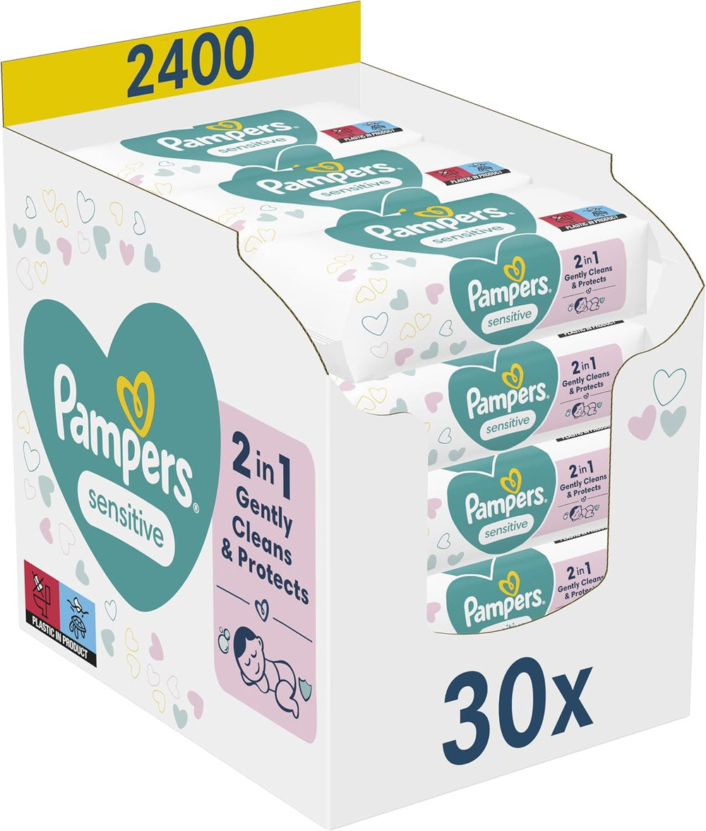 Șervețele umede Pampers Sensitive pentru bebeluși, 15 pachete a câte 80 de șervețele, 1200 de șervețele umede pentru bebeluși, curățare delicată 2 în 1 și protecție a pielii