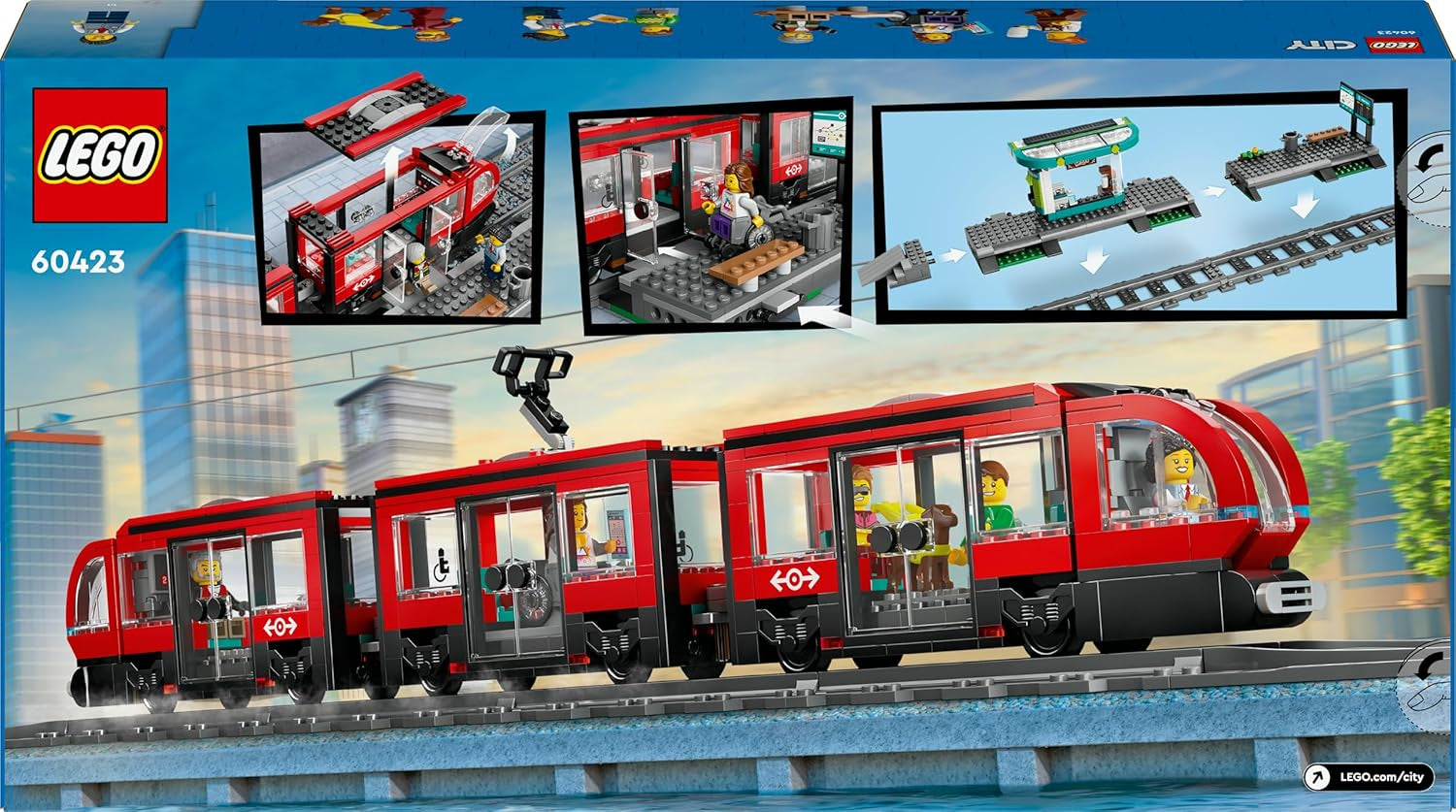 LEGO City Straßenbahn mit Haltestelle, Geschenkidee für Fans von Fahrzeug-Spielzeug ab 7 Jahren, mit 6 Minifiguren und einem Blindenhund für Rollenspiele, Bauspielzeug 60423