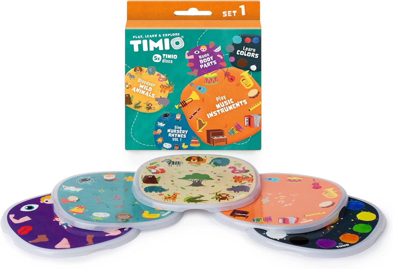 TIMIO Disc Set # 1: 5 discuri audio pentru TIMIO Player | Învață culorile, animalele sălbatice, instrumentele muzicale, 96 de versuri de grădiniță Vol. 1, părțile corpului | 8 limbi incluse | Jucărie de învățare de la 2 - 6 ani Jucarii Bebe Naty Shop Timio Disc Set 1