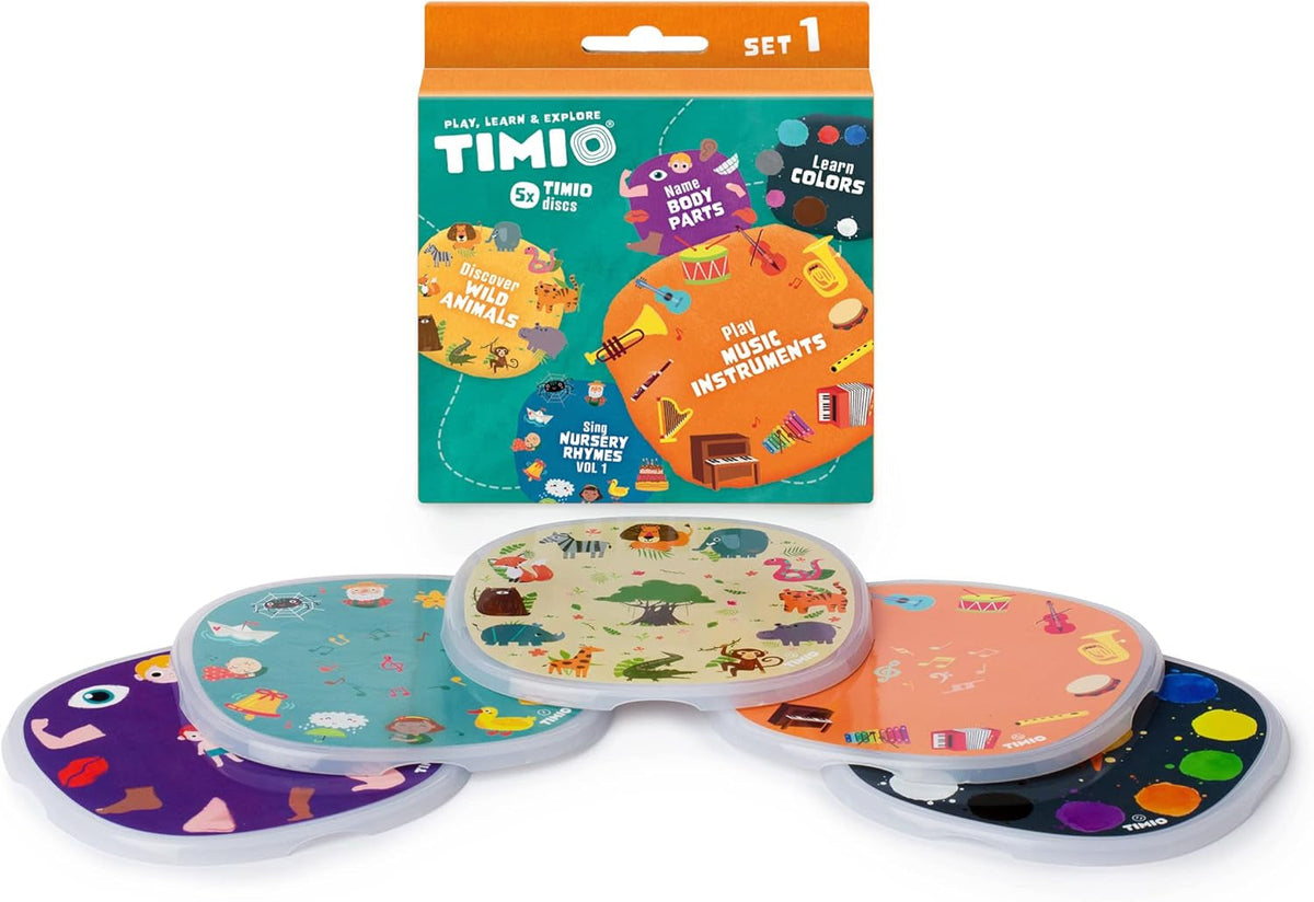 TIMIO Disc Set # 1: 5 discuri audio pentru TIMIO Player | Învață culorile, animalele sălbatice, instrumentele muzicale, 96 de versuri de grădiniță Vol. 1, părțile corpului | 8 limbi incluse | Jucărie de învățare de la 2 - 6 ani Jucarii Bebe Naty Shop Timio Disc Set 1