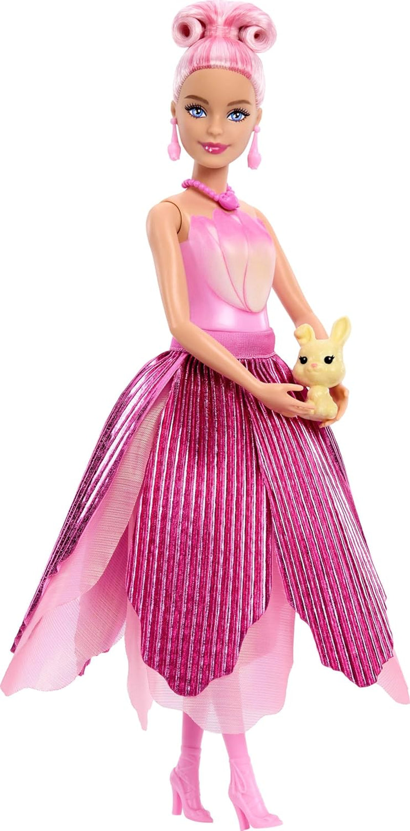 Barbie Petal Pop Duftende Puppe in rosa Tulpenkleid mit Zubehörteilen, Blumenstrauß-Überraschung mit Häschen und Überraschungen wie Einer Gießkanne, Halskette und Ohrringen, JMF57