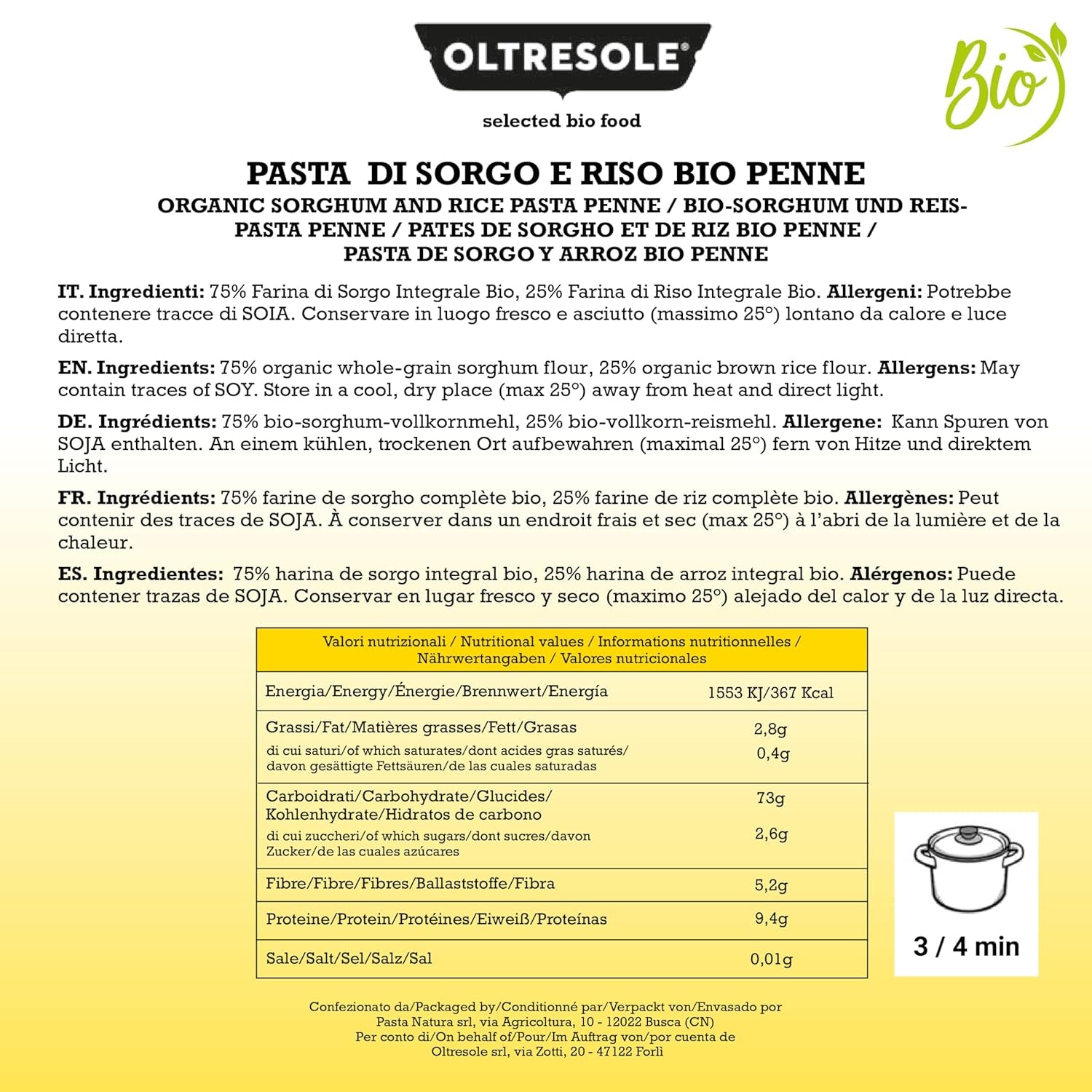 - paste italiene organice din sorg și orez, fără gluten, formă penne - paste fără gluten făcute cu făină integrală din agricultura organică italiană, vegane, pachet de 3 pachete x 350g