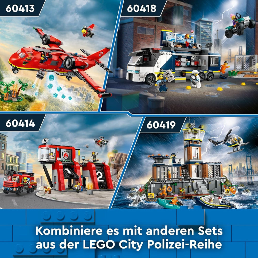 LEGO City Polizeistation auf der Gefängnisinsel, Polizei Spielzeug mit Hubschrauber, Boot und Hai, Set mit 7 Minifiguren und Hund, Geschenk zum Geburtstag für Jungen und Mädchen ab 7 Jahren 60419