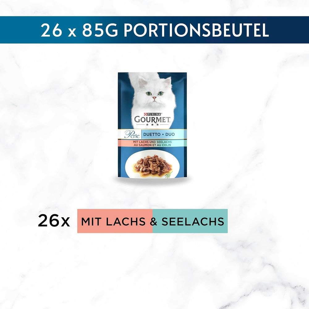 Hrană umedă pentru pisici Gourmet Perle Duetto cu somon și cod galben, pachet de 26 (26 x 85g)
