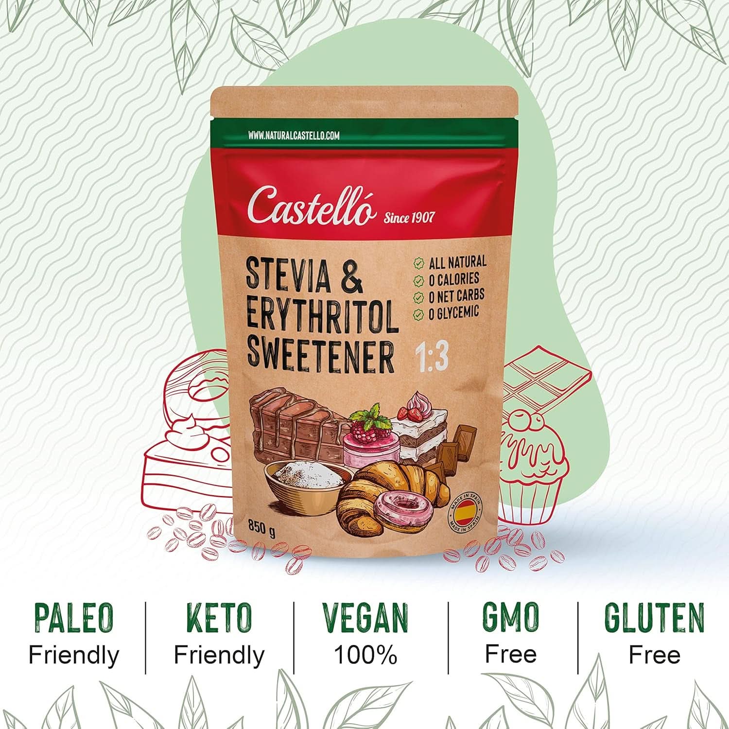Stevia + Eritritol 1:3 Îndulcitor,1G = 3G Zahăr, 850 grame Indulcitori Naty Shop