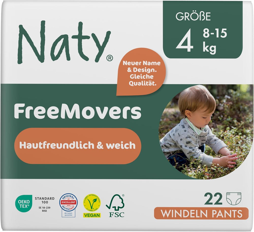 Scutece Naty FreeMovers pentru bebeluși | Huse de scutece certificate, prietenoase cu pielea | Moi și fără parfum | Absorbante și rezistente la scurgeri | Testate dermatologic | Mărimea 5 (12–18 kg) | 80 bucăți