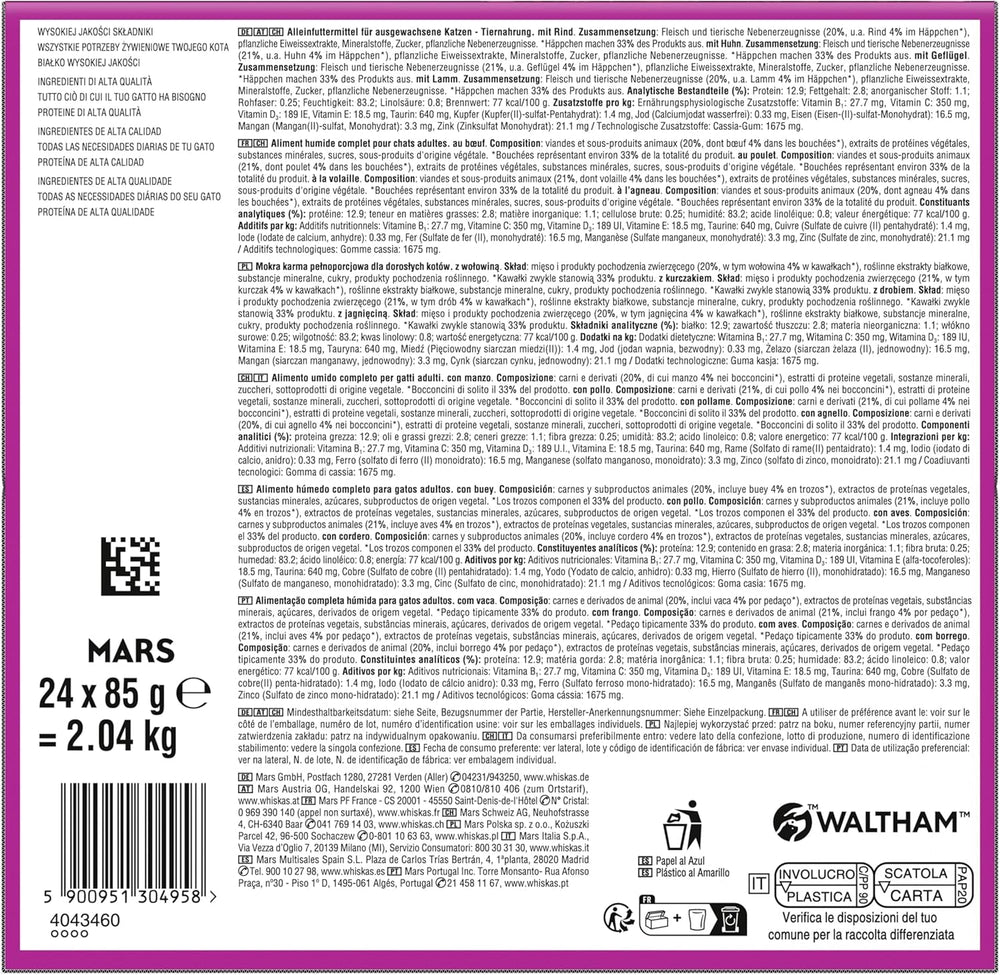 WHISKAS PURE DELIGHT Hrană umedă în jeleu 24 x 85g Ragout clasic (4 pachete) 48 pliculețe porționate