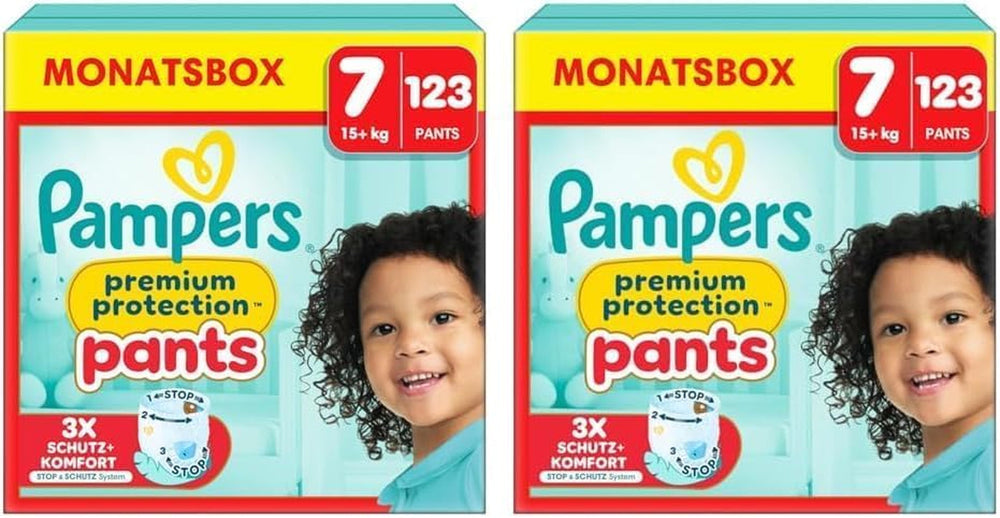 Scutece Pampers Premium Protection Pants mărimea 7, 123 scutece, 15 kg+, cu ajustare la 360° și manșete moi anti-scurgere pentru confort și protecție optime