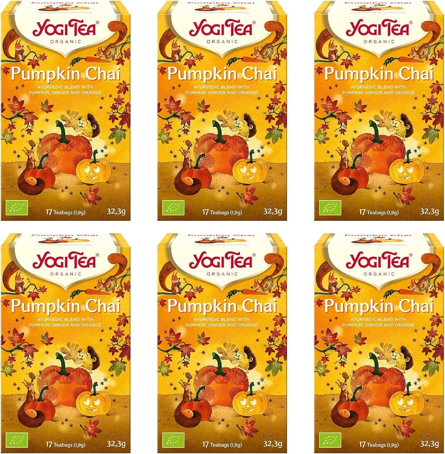 Yogi Tea - Pumpkin Chai, ceai ayurvedic organic cu mirodenii și plante, fără cofeină din natură, amestec de dovleac, ghimbir și portocală, Yogi Tea pachet de 6, 6X17 pliculețe (102 pliculețe de ceai în total)