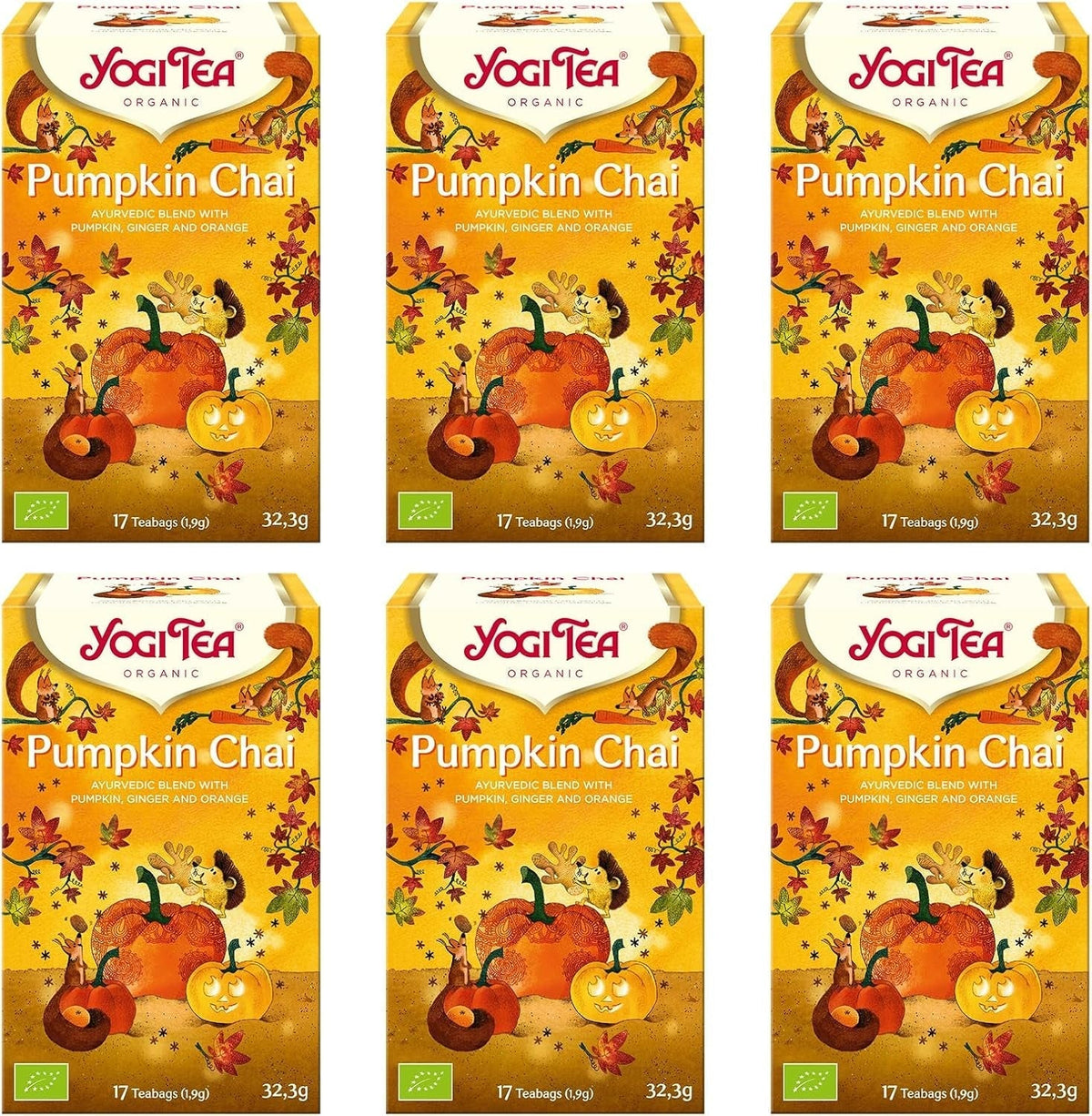 Yogi Tea - Pumpkin Chai, ceai ayurvedic organic cu mirodenii și plante, fără cofeină din natură, amestec de dovleac, ghimbir și portocală, Yogi Tea pachet de 6, 6X17 pliculețe (102 pliculețe de ceai în total)