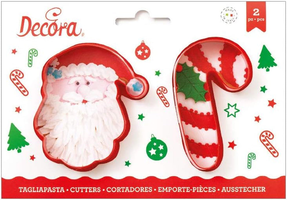 0255068 Formă de biscuiți din plastic cu Moș Crăciun și trestie de zahăr, 2 bucăți, asortate