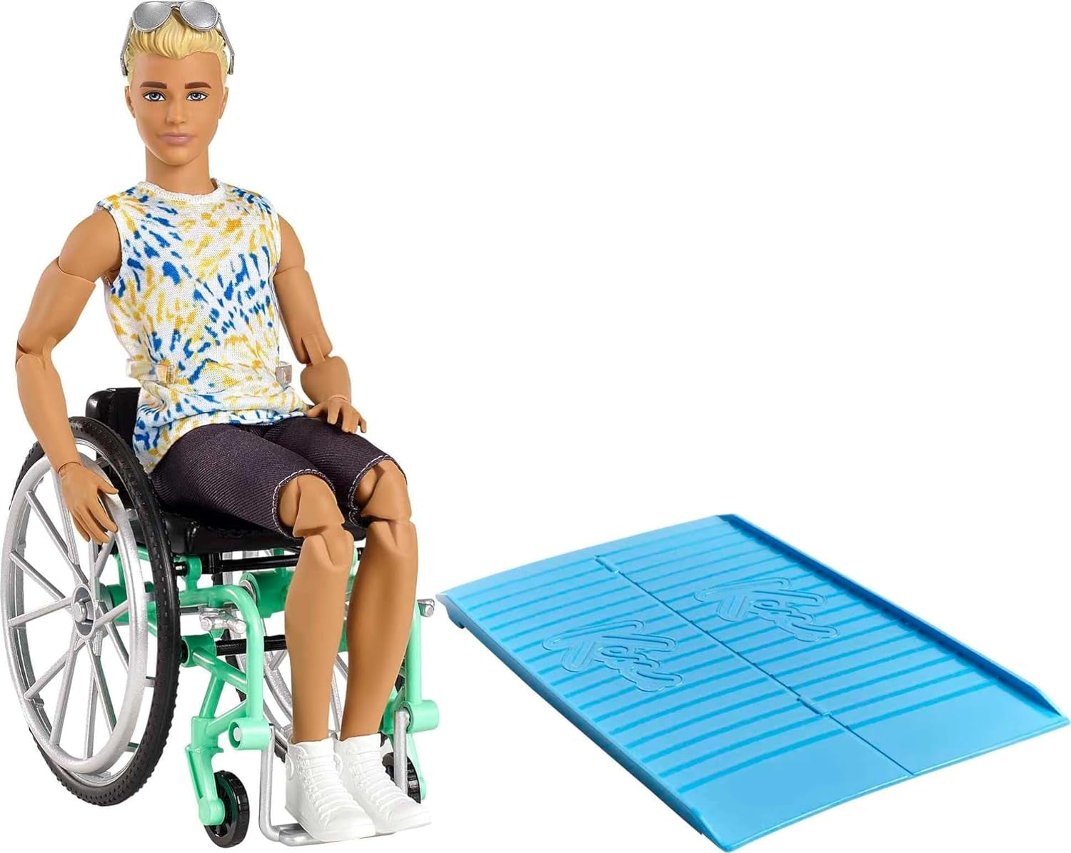 Barbie Fashionista-Puppe, im Rollstuhl mit blonden Haaren und Regenbogen-Jumpsuit, Rollstuhl und Rampe, Puppe inklusive, Geschenk für Kinder, Spielzeug ab 3 Jahre,HJT13