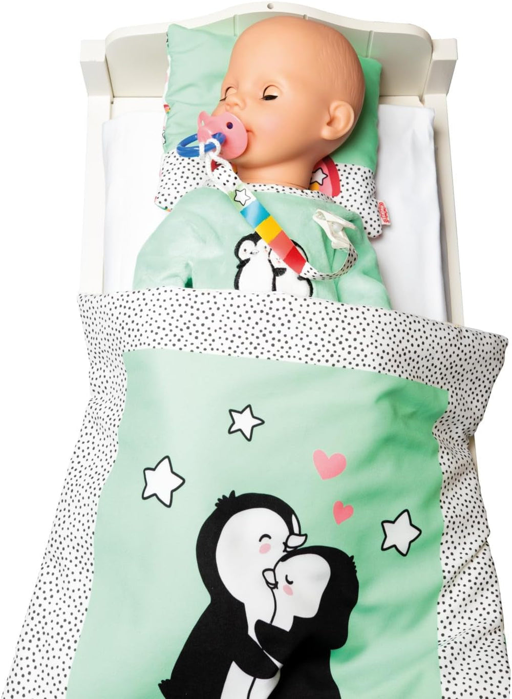 Heless 1181 - Salopă pentru păpușă cu design de pinguin cu buline, confecționată din velur moale cu broderie de înaltă calitate, mărimea 28 - 35 cm