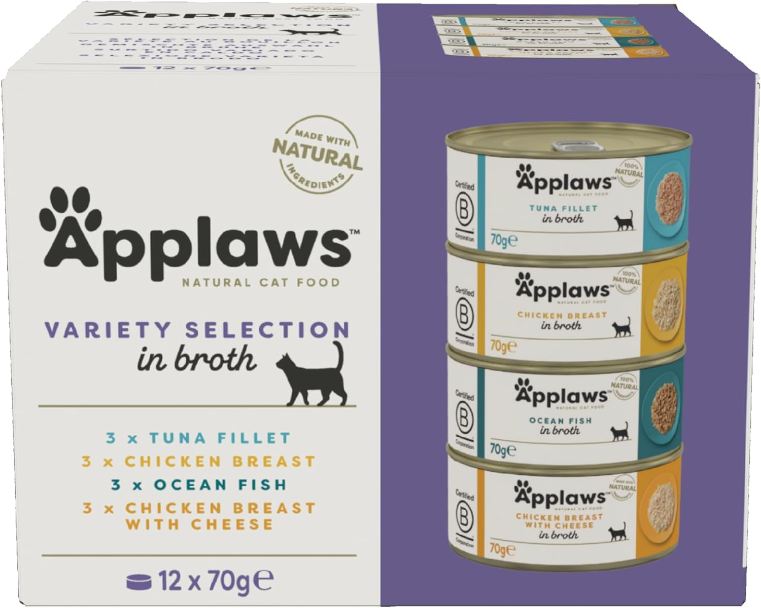 Applaws Hrană umedă premium 100% naturală pentru pisici adulte în bulion - Ton, pui, fructe de mare, selecție mixtă în bulion - Pachet de 12 conserve x 70 g